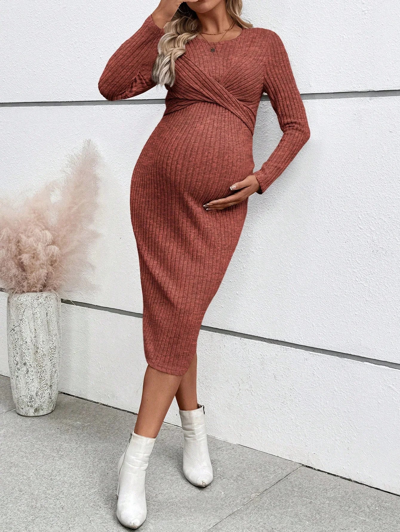 Maternity Long-sleeved for Pregnant Women Elegant Knotted Slimming Dress