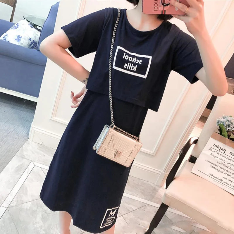 Maternity Short Sleeve Breastfeeding Long Thin Dress Skirt
