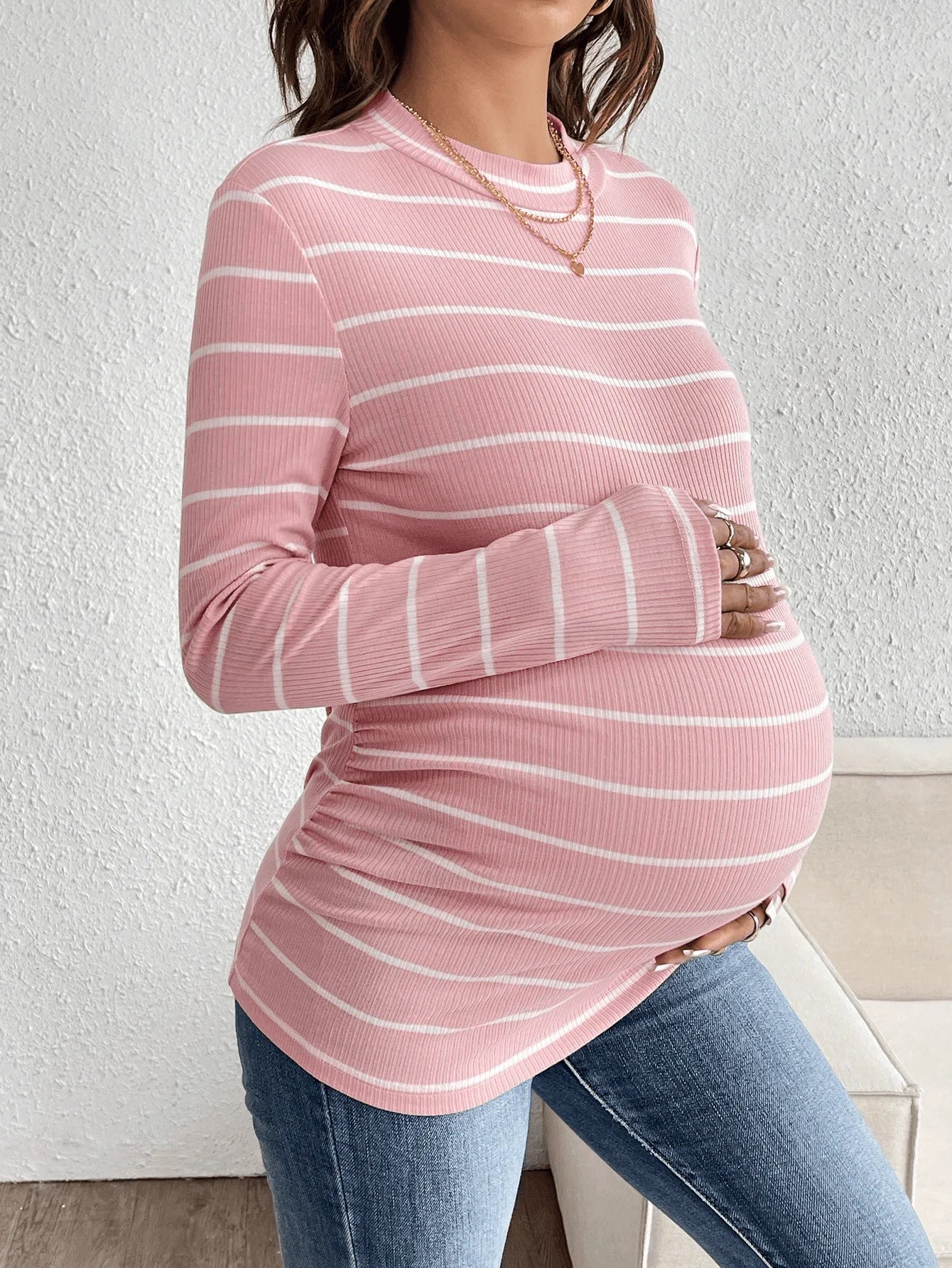 Pure cotton striped round-neck long-sleeved maternity T-shirt