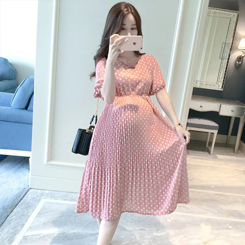 Summer Maternity Petal Collar Bubble Sleeve High Waist Dress