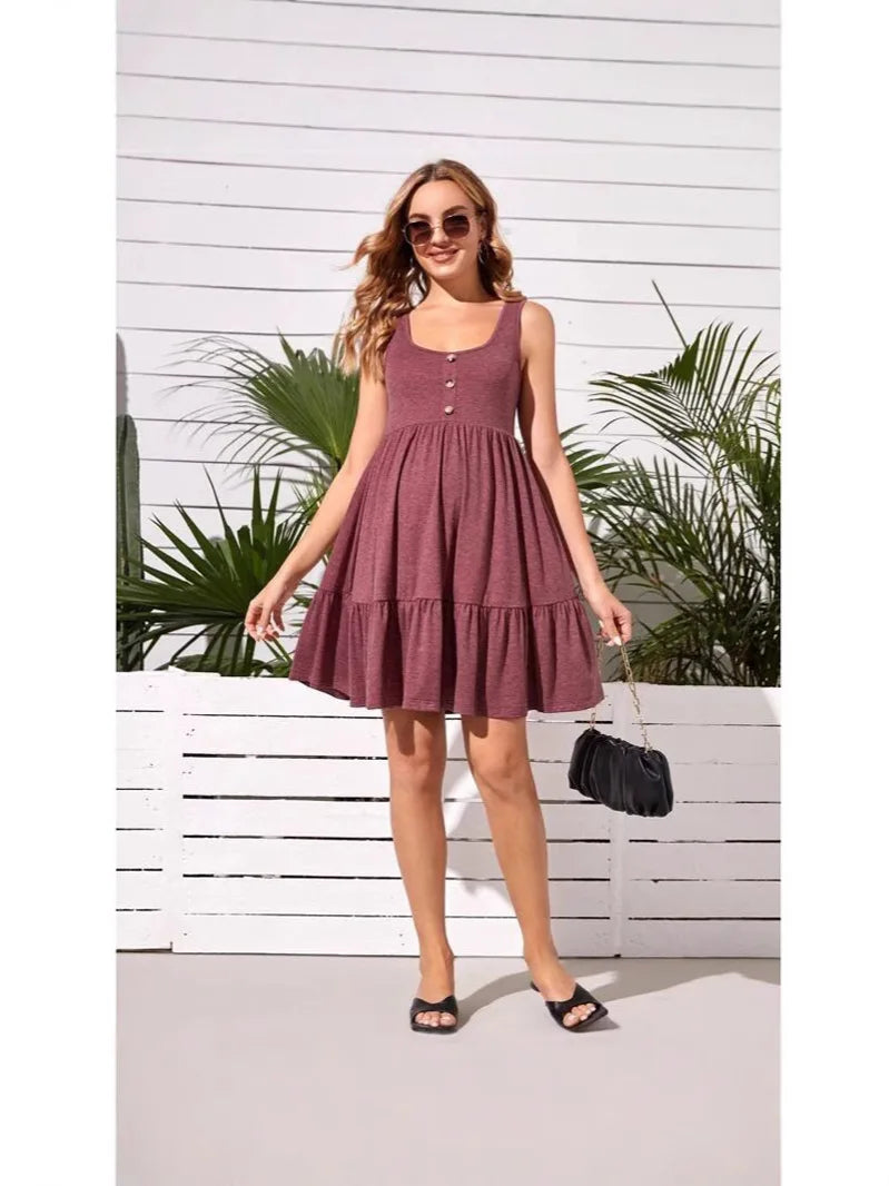 Women's Pregnancy summer dress Sleeveless casual loose buckle mid-length sundress
