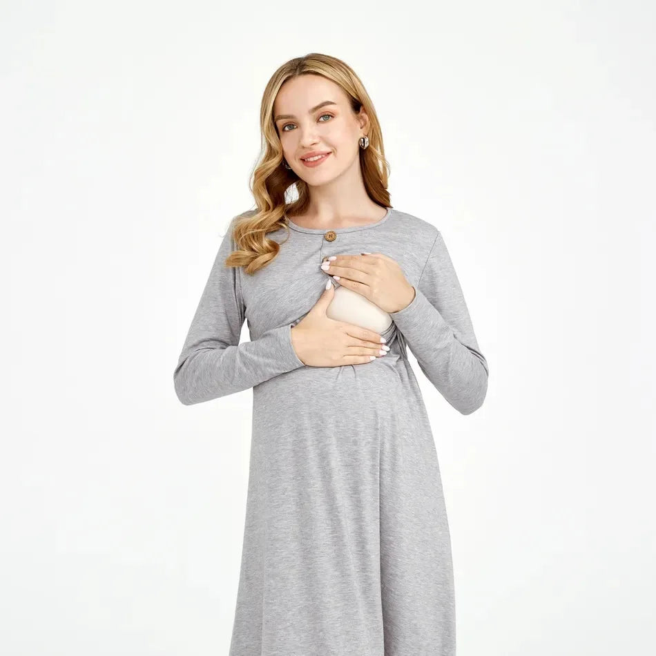 Summer Casual Long-sleeved Maternity Dress With Round Neck A-line Shape  Nursing Function