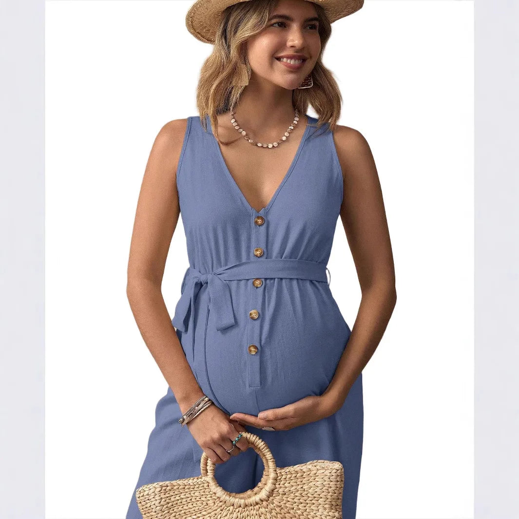 Maternity V-neck Sleeveless Pregnancy Loose Long Overall Pants Outfit