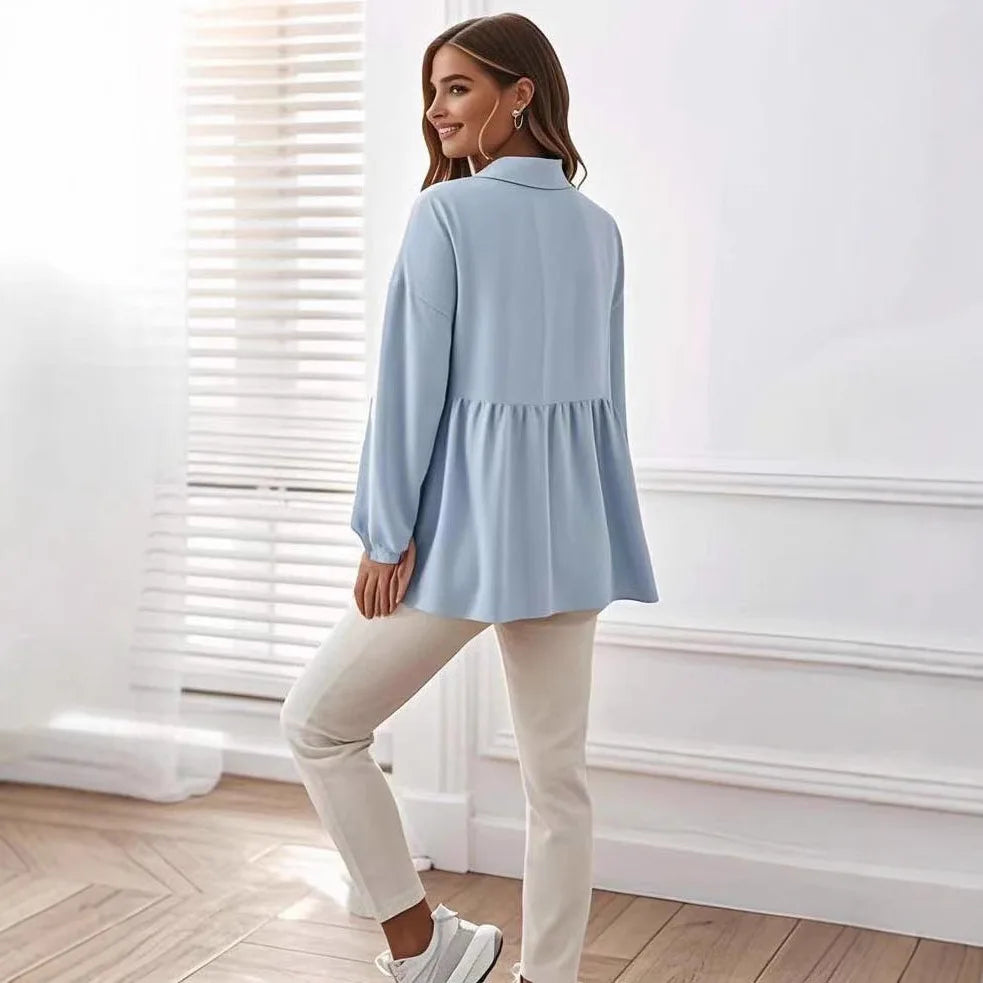 Solid Color Shirt Long Sleeve Lapel Ruffled Maternity Blouse