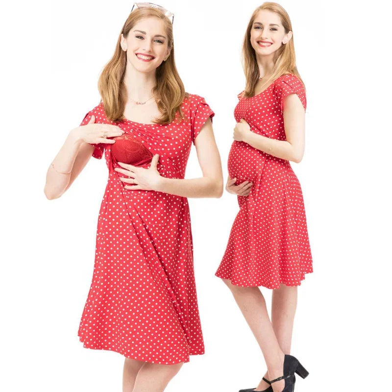 Summer Casual Comfortable and Skin-friendly Dot Printed Short Sleeved Breastfeeding Dress