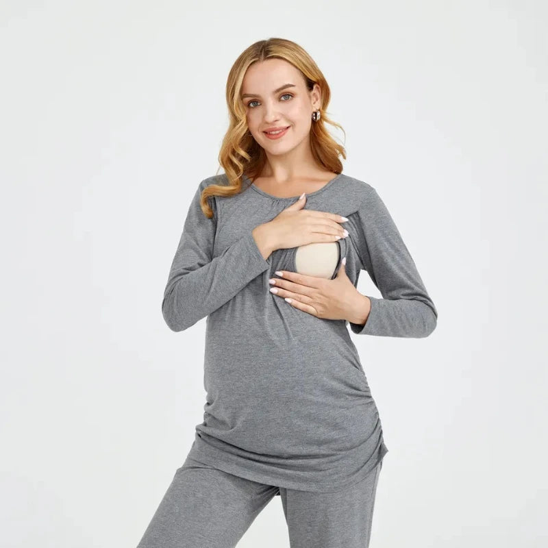 Maternity Long Sleeve Pajamas Clothes for Pregnancy + Breastfeeding