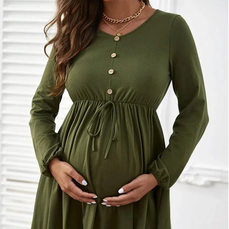 Maternity – Soft & Comfortable Nursing O-Neck Long Sleeve Breastfeeding Dress
