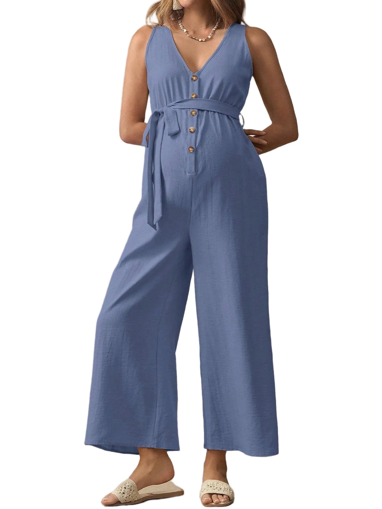 Maternity V-neck Sleeveless Pregnancy Loose Long Overall Pants Outfit