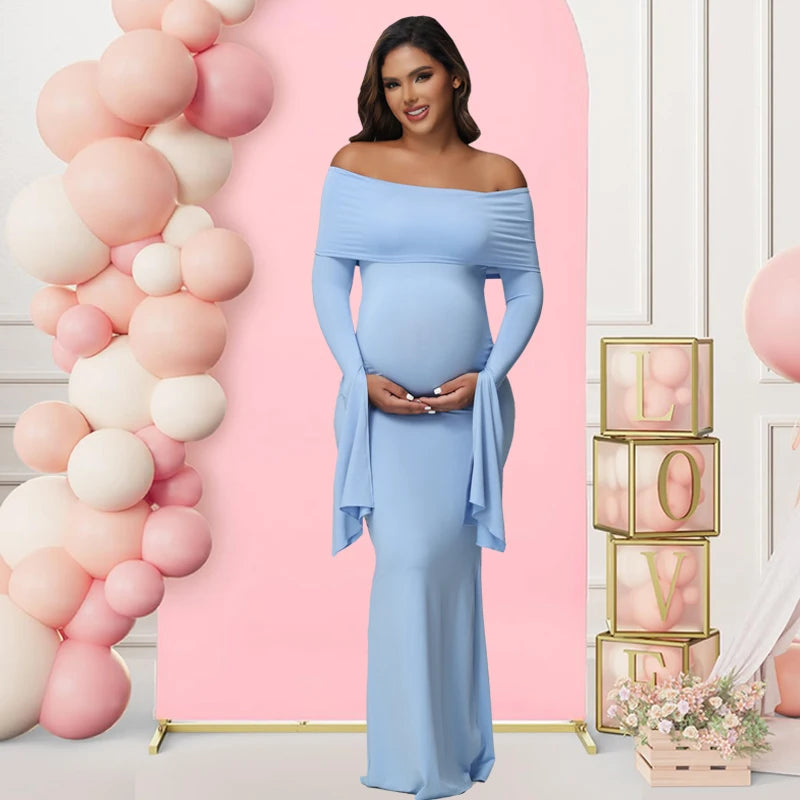 Maternity Sexy Off Shoulder Long Sleeve Bodycon Pregnancy Baby Shower Gown Suit Photography