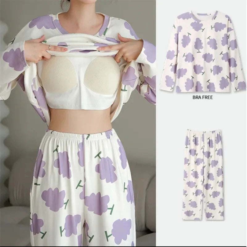 Long-Sleeved Nursing Pajamas with Chest Pads