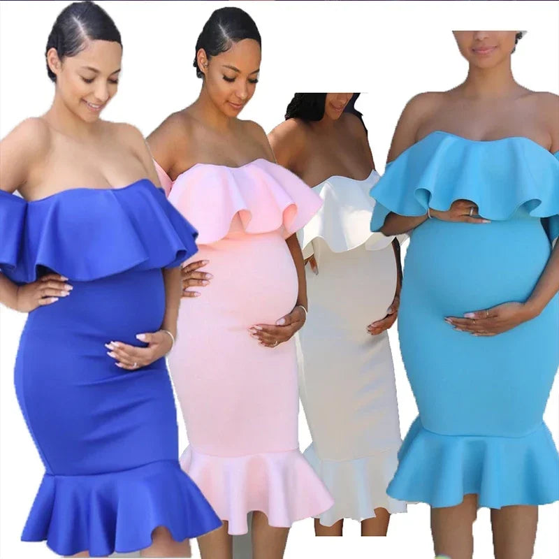 Maternity Evening Solid Ruffles Off The Shoulder Maternity Dress