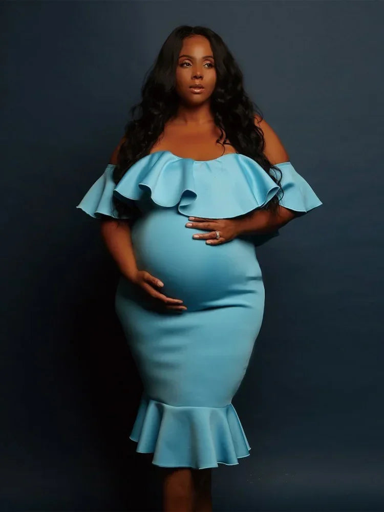 Maternity Evening Solid Ruffles Off The Shoulder Maternity Dress