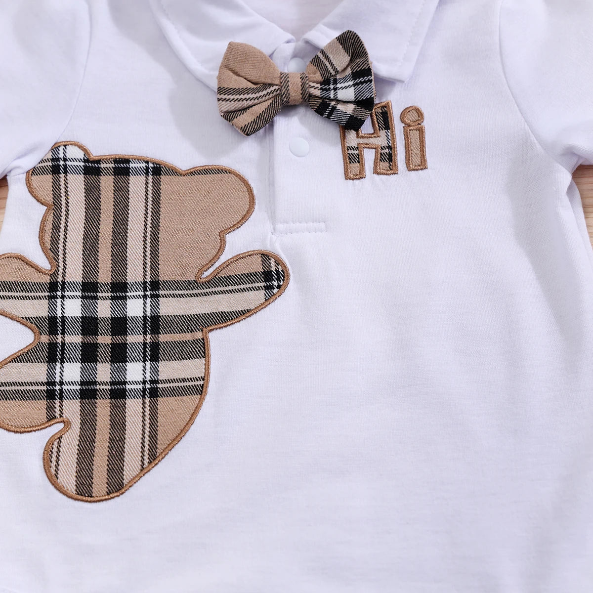 2PCS Short Sleeve Boys Infant Plaid Bear Bodysuit+Suspenders