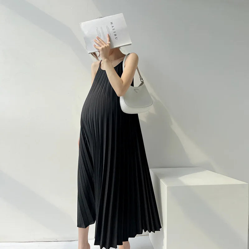 Women's Pleated Chiffon Mid-Calf Pregnancy Dress