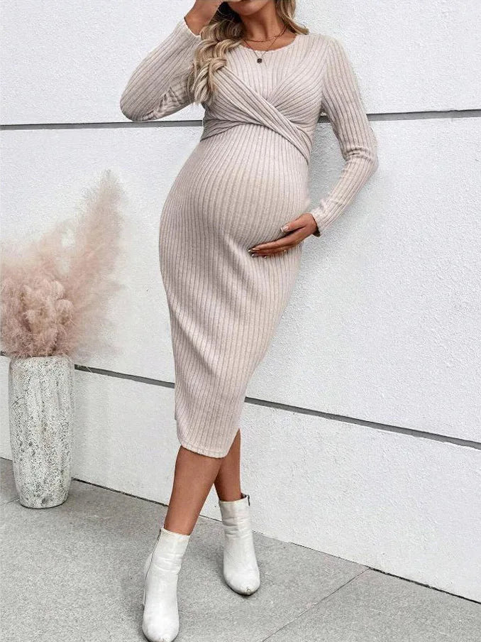Maternity Long-sleeved for Pregnant Women Elegant Knotted Slimming Dress