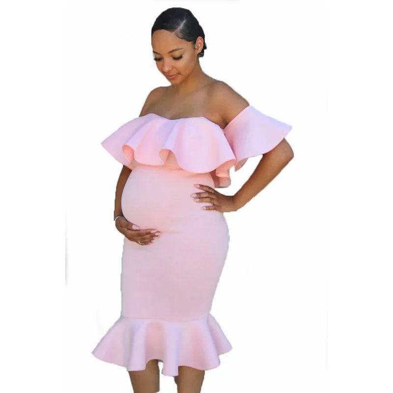 Maternity Evening Solid Ruffles Off The Shoulder Maternity Dress