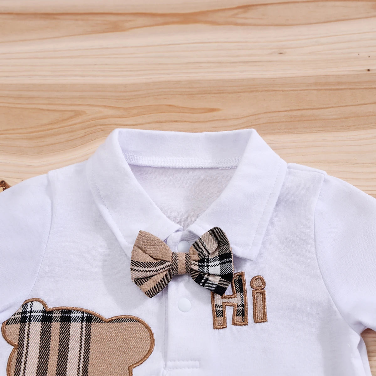 2PCS Short Sleeve Boys Infant Plaid Bear Bodysuit+Suspenders
