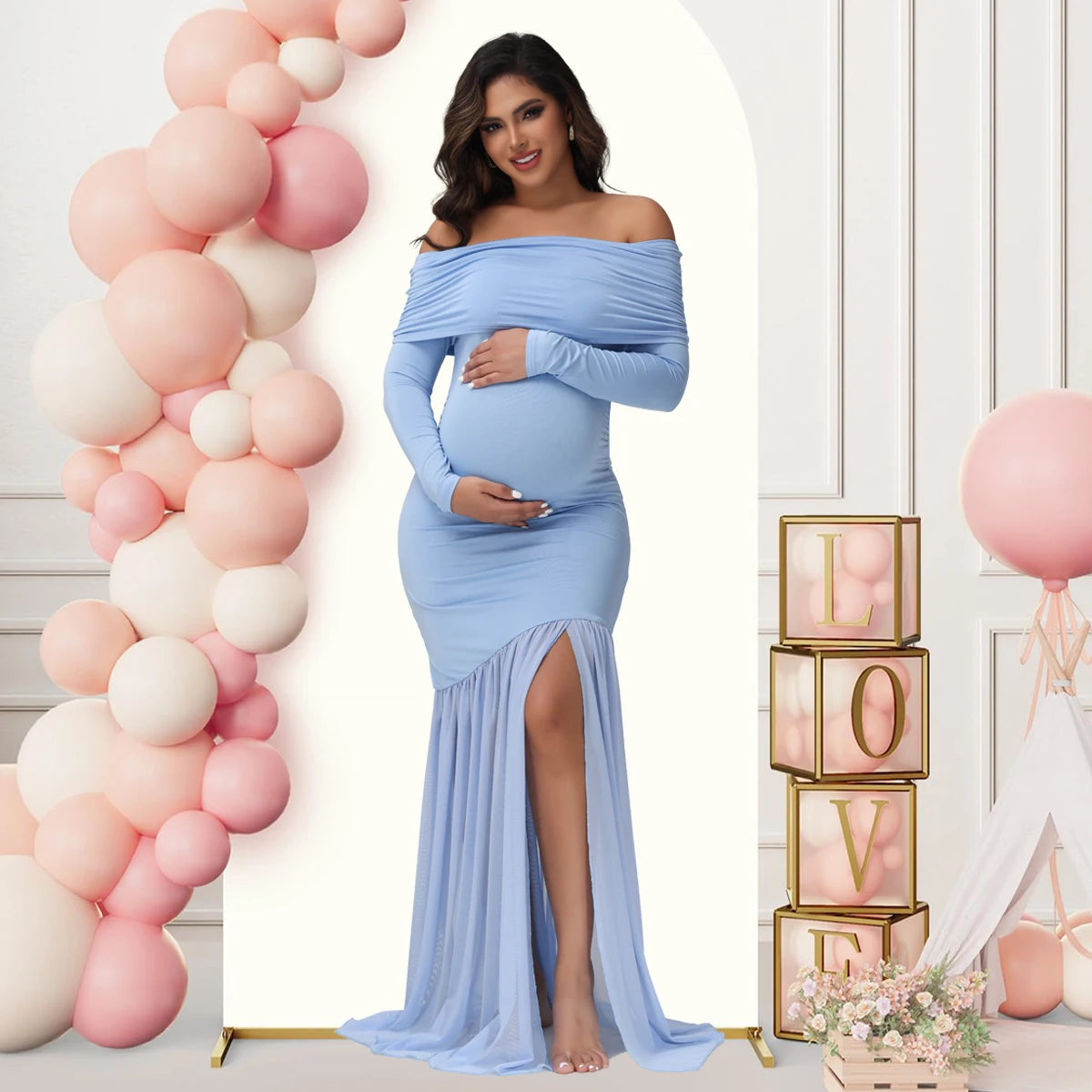 Maternity Off-Shoulder Slits Fishtail Hem Evening Party Elegant Gown Suit Photoshoot