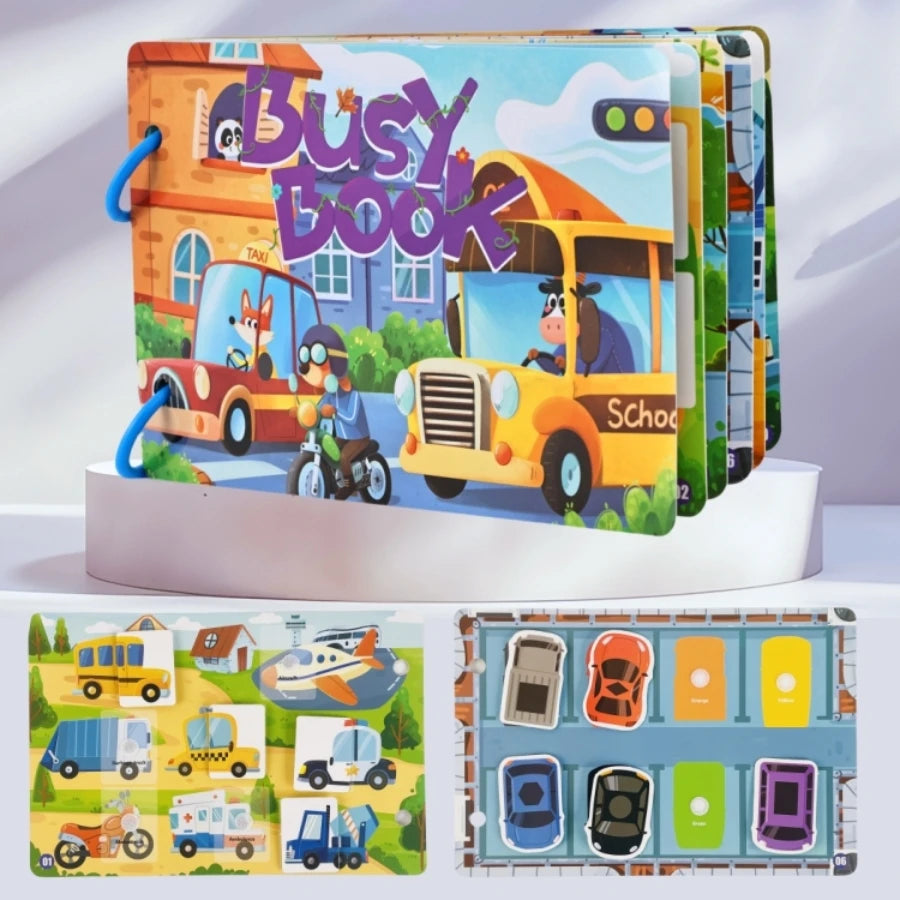 Children's Early Education Educational Interactive Busy Book, Reusable Traffic Theme Quiet Book, Vehicle Enlightenment Cognitive Shape Color Matching Puzzle Game, DIY Toy to Cultivate Hands-On Ability, Holiday Gift Suitable f