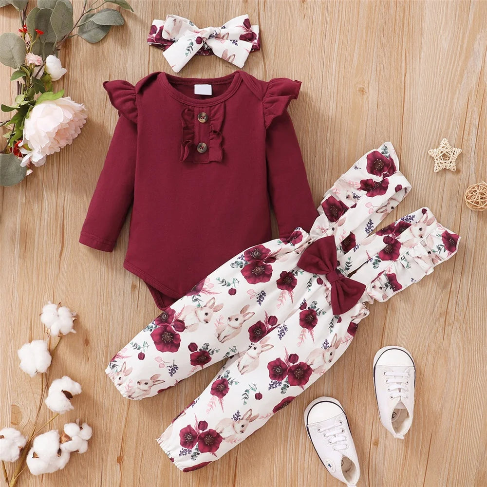 0-18Months Baby Girl Clothes Set Red Color Long Sleevs Bodysuit + Flower Strap Pants