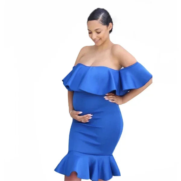 Maternity Evening Solid Ruffles Off The Shoulder Maternity Dress