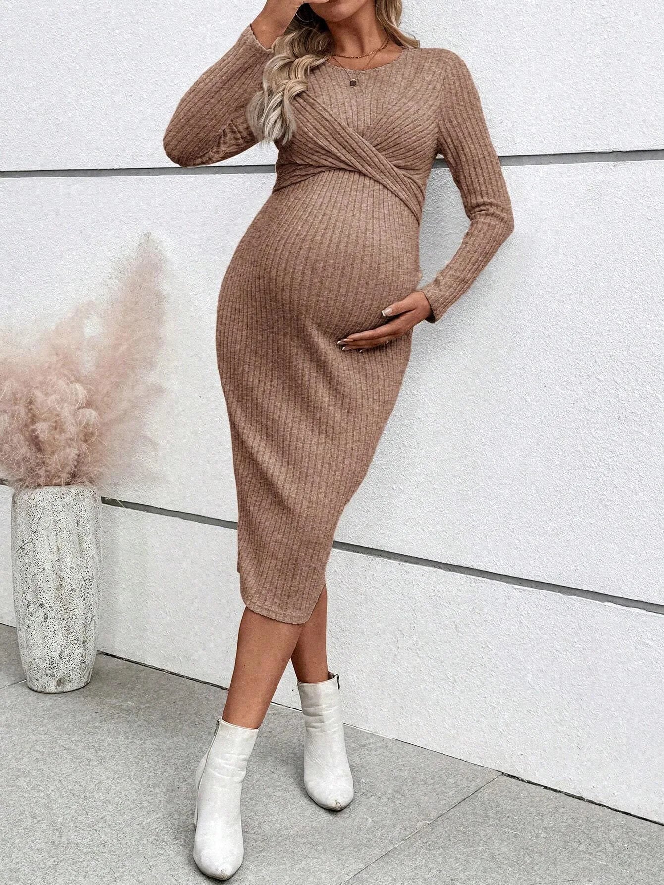 Maternity Long-sleeved for Pregnant Women Elegant Knotted Slimming Dress