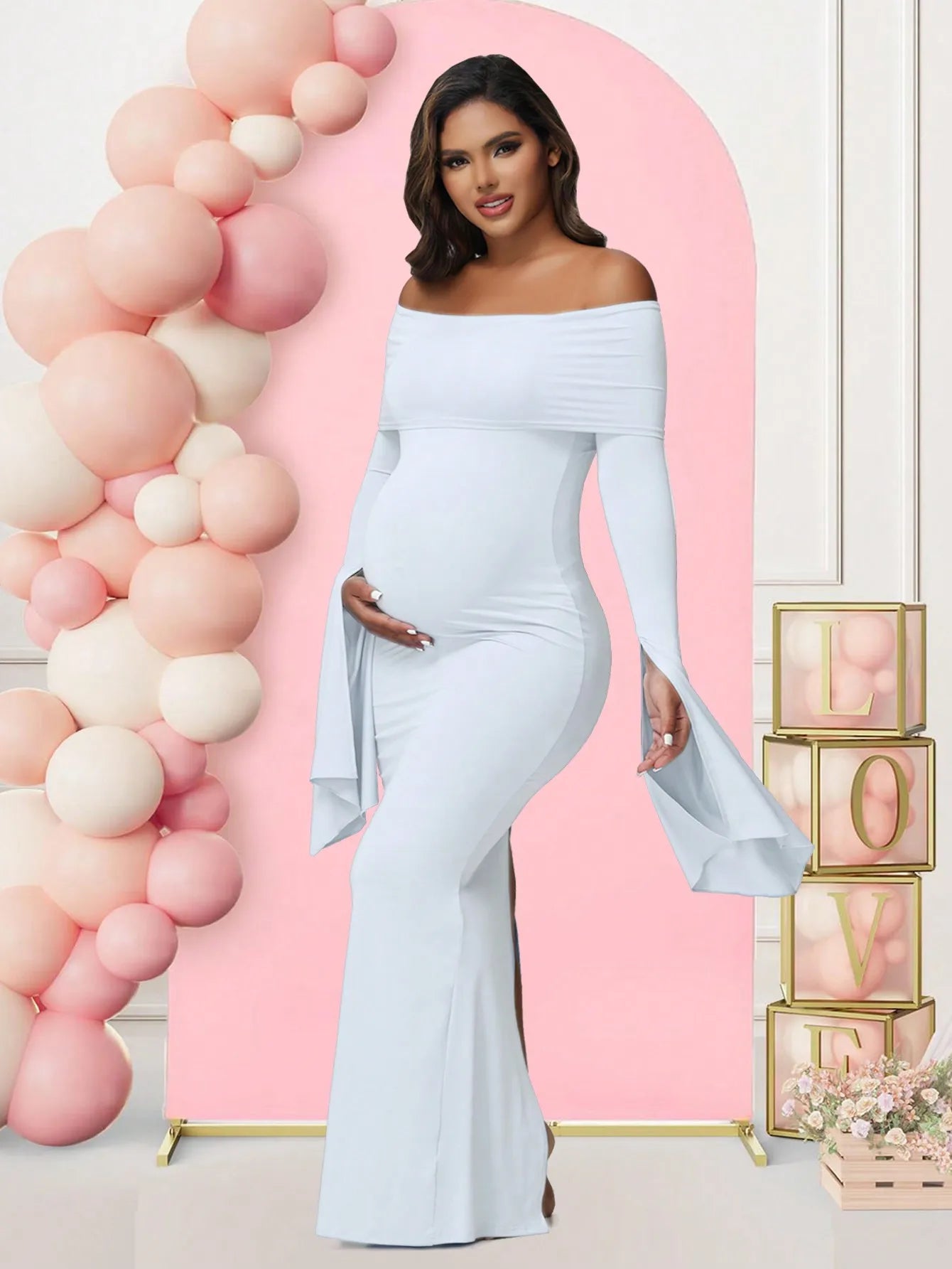 Maternity Sexy Off Shoulder Long Sleeve Bodycon Pregnancy Baby Shower Gown Suit Photography