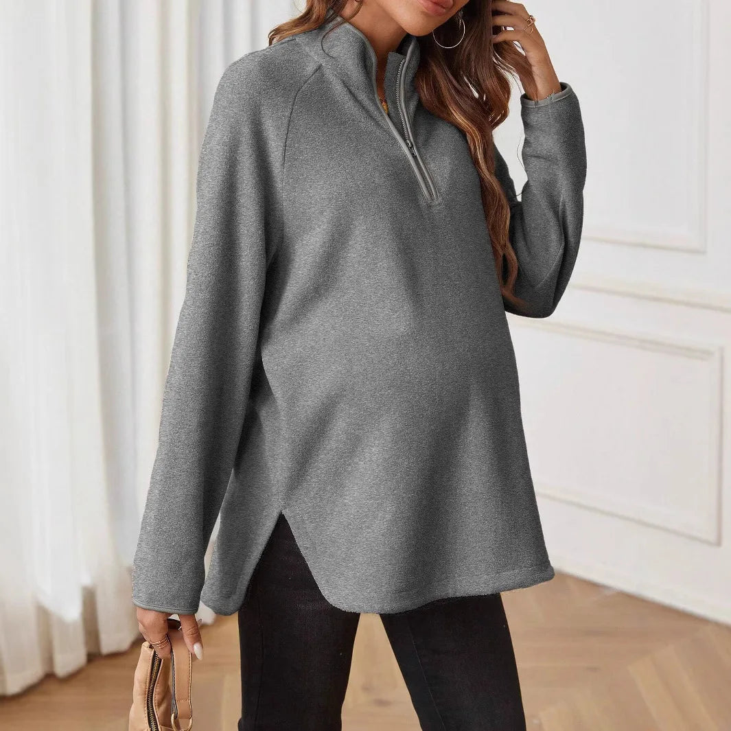 Women Winter Pregnant Plain Zipper Long-sleeved T-shirt