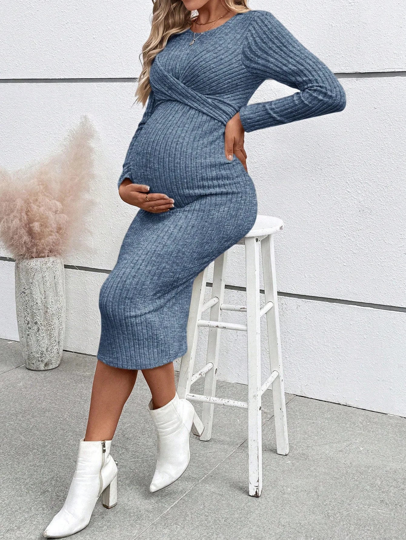 Maternity Long-sleeved for Pregnant Women Elegant Knotted Slimming Dress