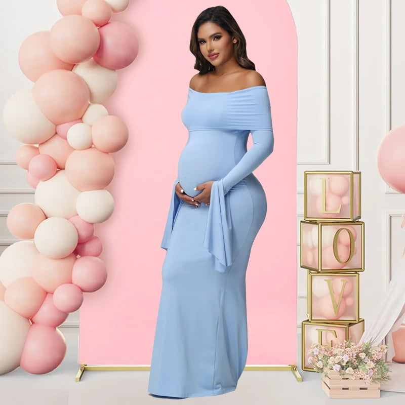 Maternity Sexy Off Shoulder Long Sleeve Bodycon Pregnancy Baby Shower Gown Suit Photography