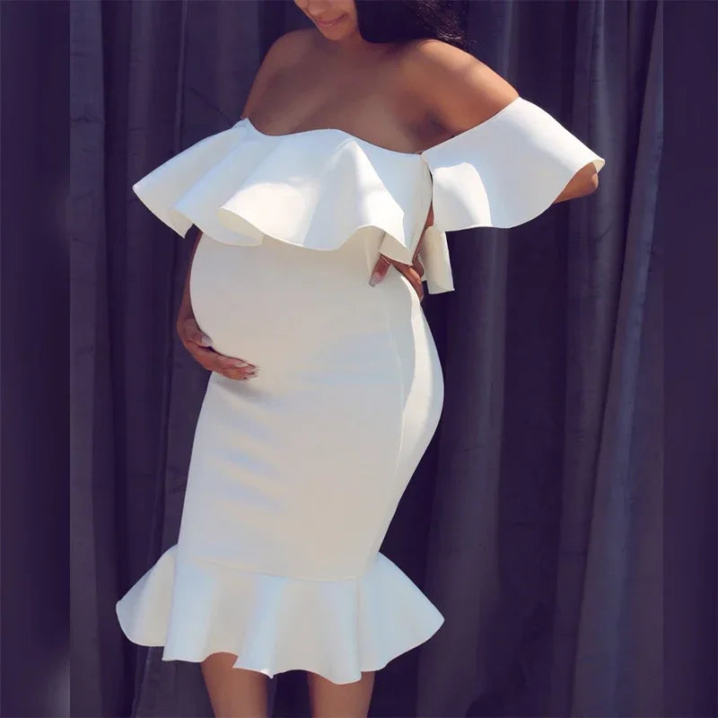 Maternity Evening Solid Ruffles Off The Shoulder Maternity Dress