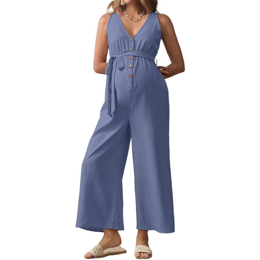 Maternity V-neck Sleeveless Pregnancy Loose Long Overall Pants Outfit