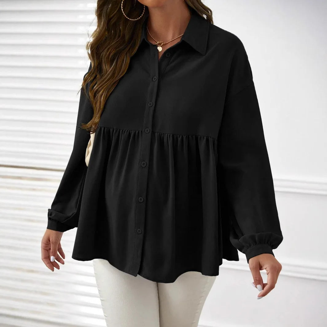 Solid Color Shirt Long Sleeve Lapel Ruffled Maternity Blouse