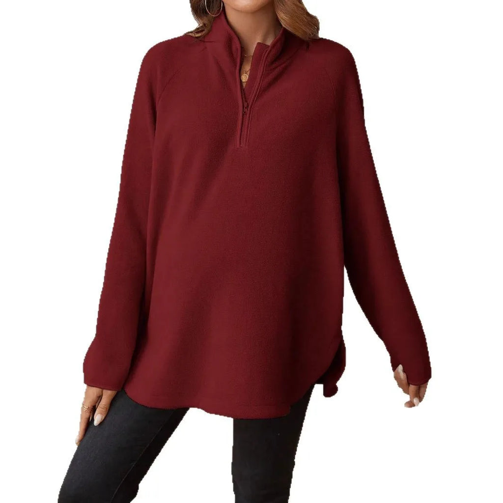 Women Winter Pregnant Plain Zipper Long-sleeved T-shirt