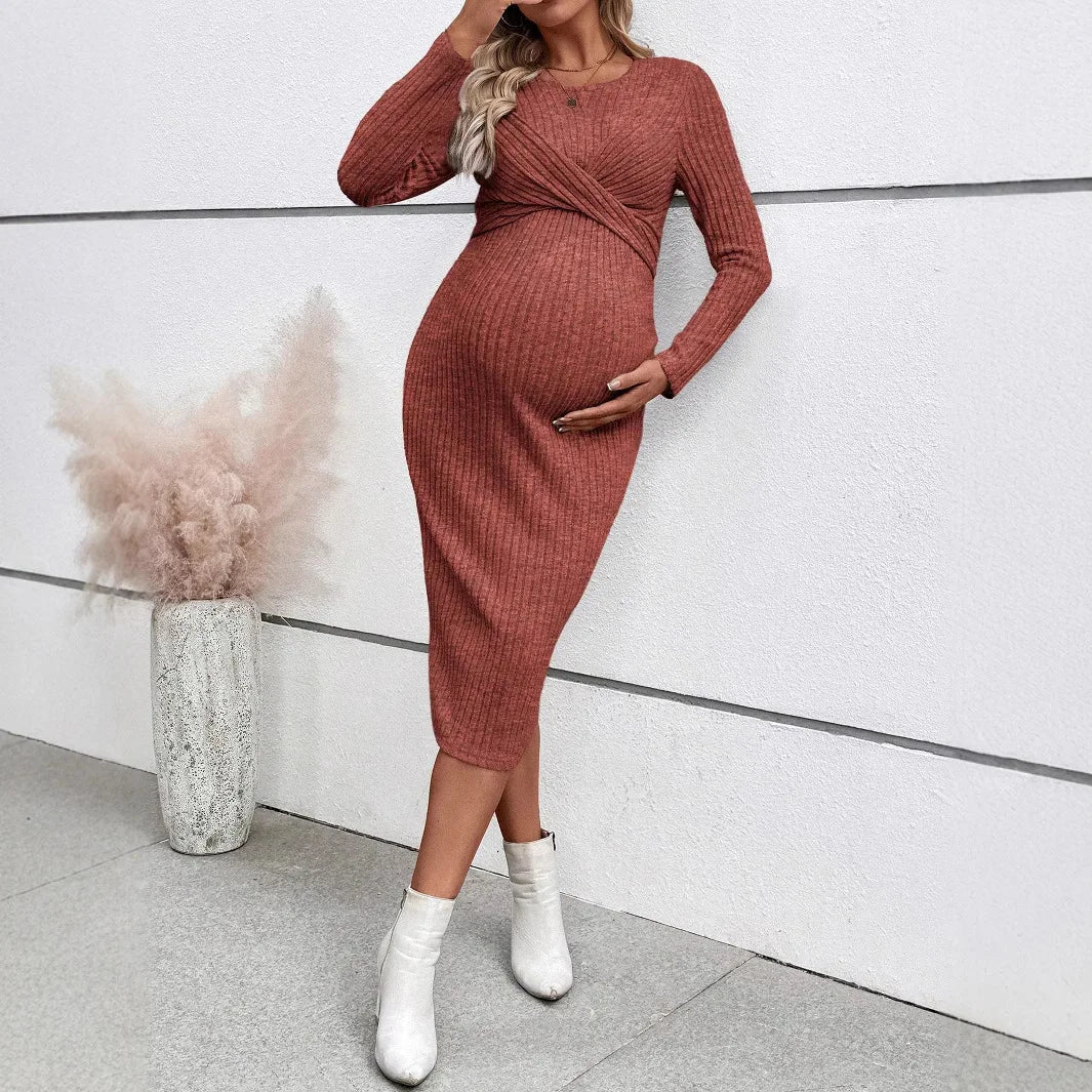 Maternity Long-sleeved for Pregnant Women Elegant Knotted Slimming Dress
