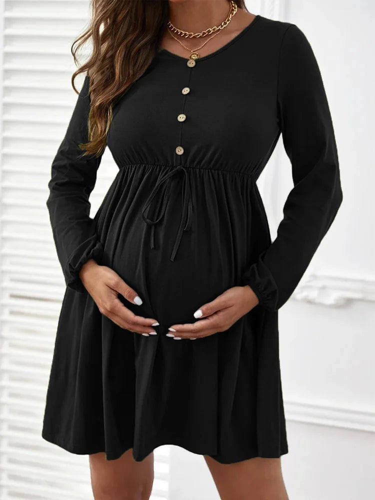 Maternity – Soft & Comfortable Nursing O-Neck Long Sleeve Breastfeeding Dress