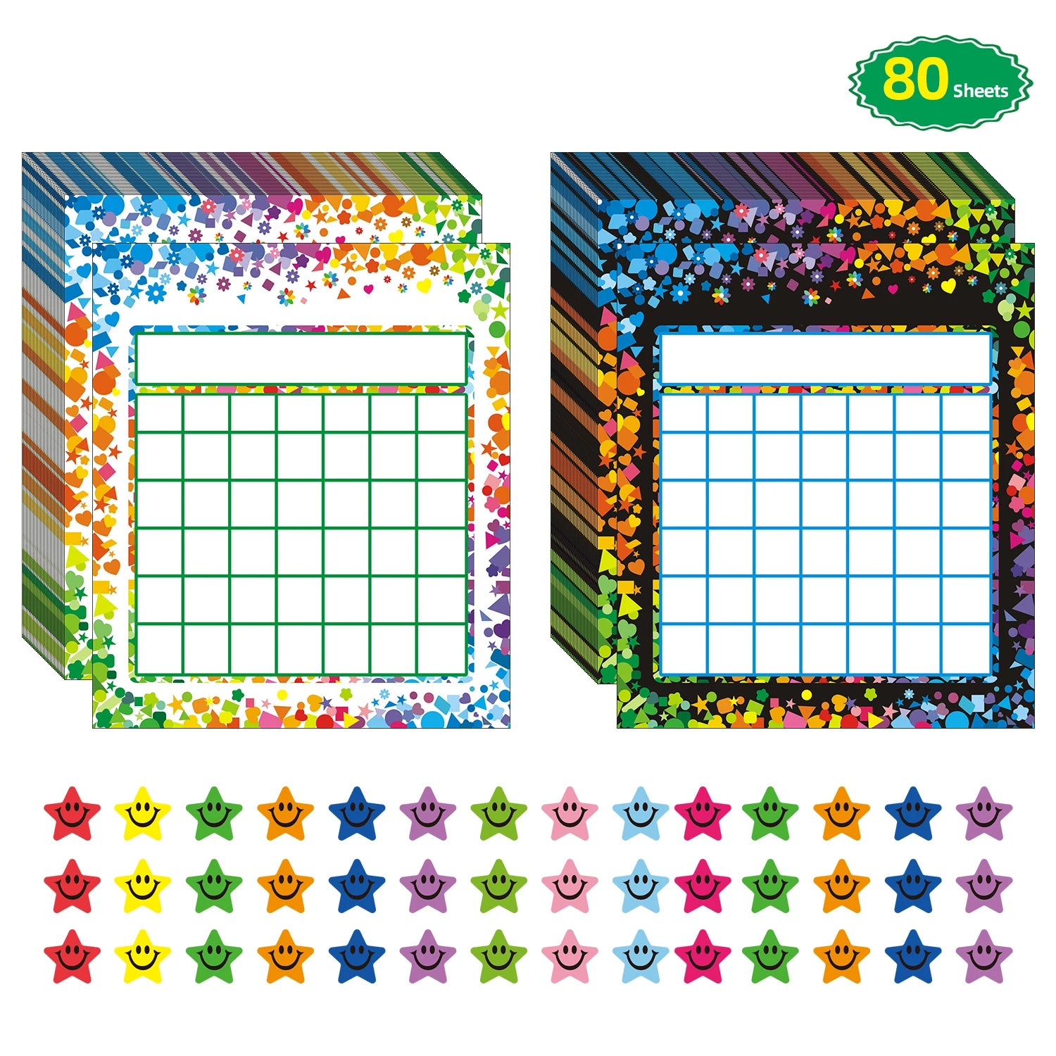 80 Pack Classroom Incentive  Reward Chart for 2 Designs with 2400 Pieces Colorful Star Stickers for Students Classroom Teaching