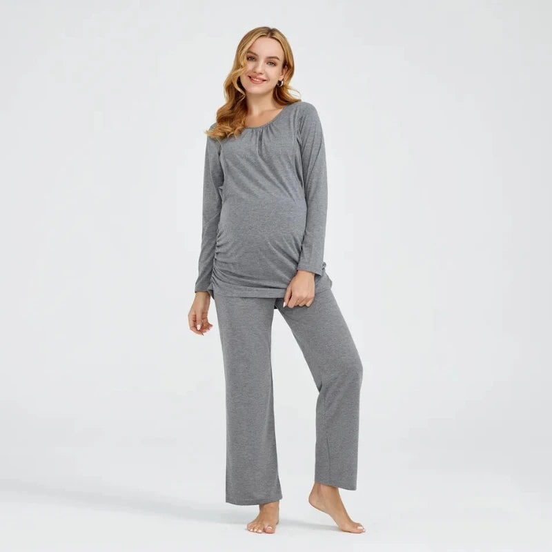 Maternity Long Sleeve Pajamas Clothes for Pregnancy + Breastfeeding