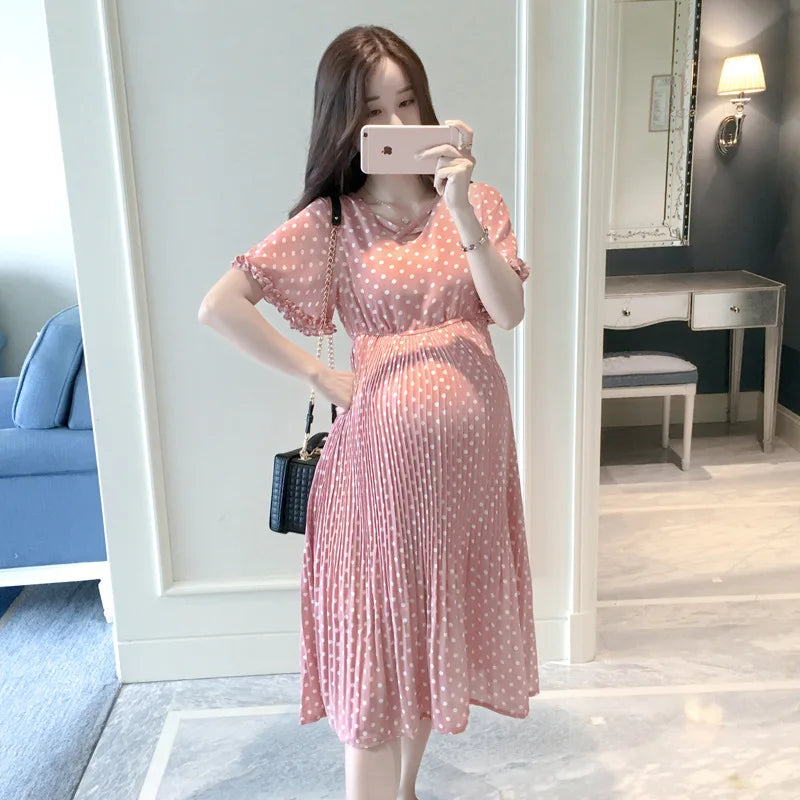 Summer Maternity Petal Collar Bubble Sleeve High Waist Dress