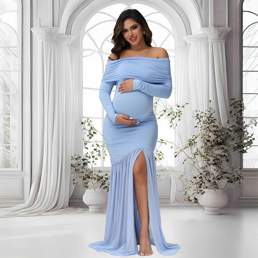 Maternity Off-Shoulder Slits Fishtail Hem Evening Party Elegant Gown Suit Photoshoot