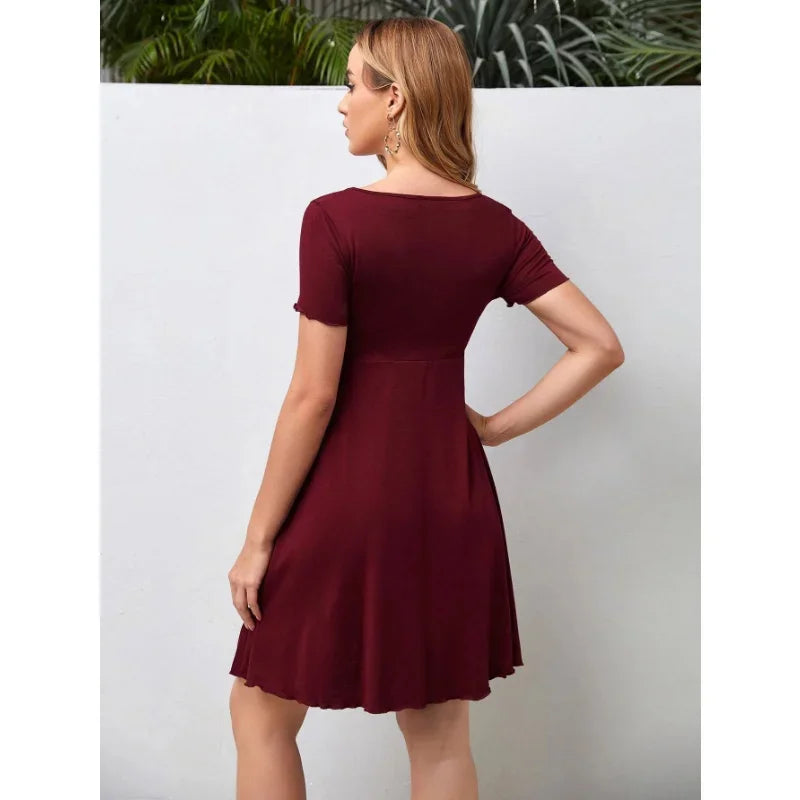 Maternity Summer Pure Colour V-neck Women Casual Short Dress