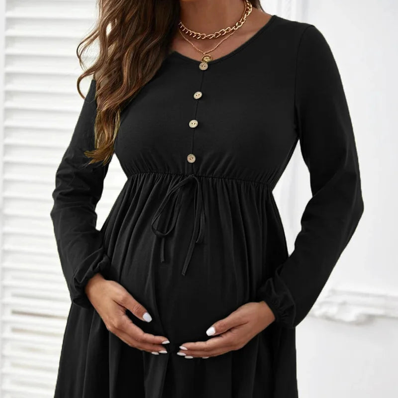 Maternity – Soft & Comfortable Nursing O-Neck Long Sleeve Breastfeeding Dress