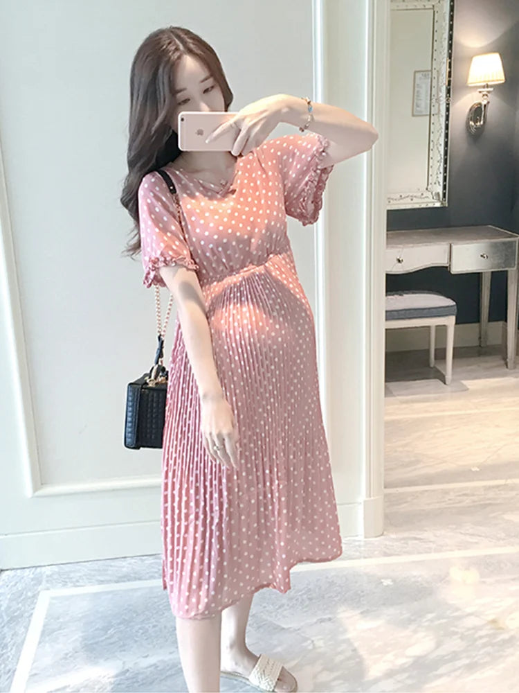 Summer Maternity Petal Collar Bubble Sleeve High Waist Dress