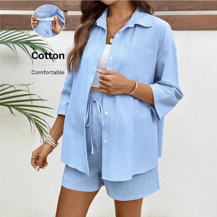 Maternity Fashionable Shorts Shirt Set Casual Loose Mid-sleeved 2pcs Set