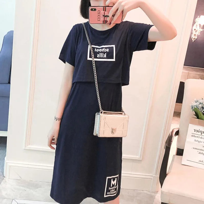 Maternity Short Sleeve Breastfeeding Long Thin Dress Skirt