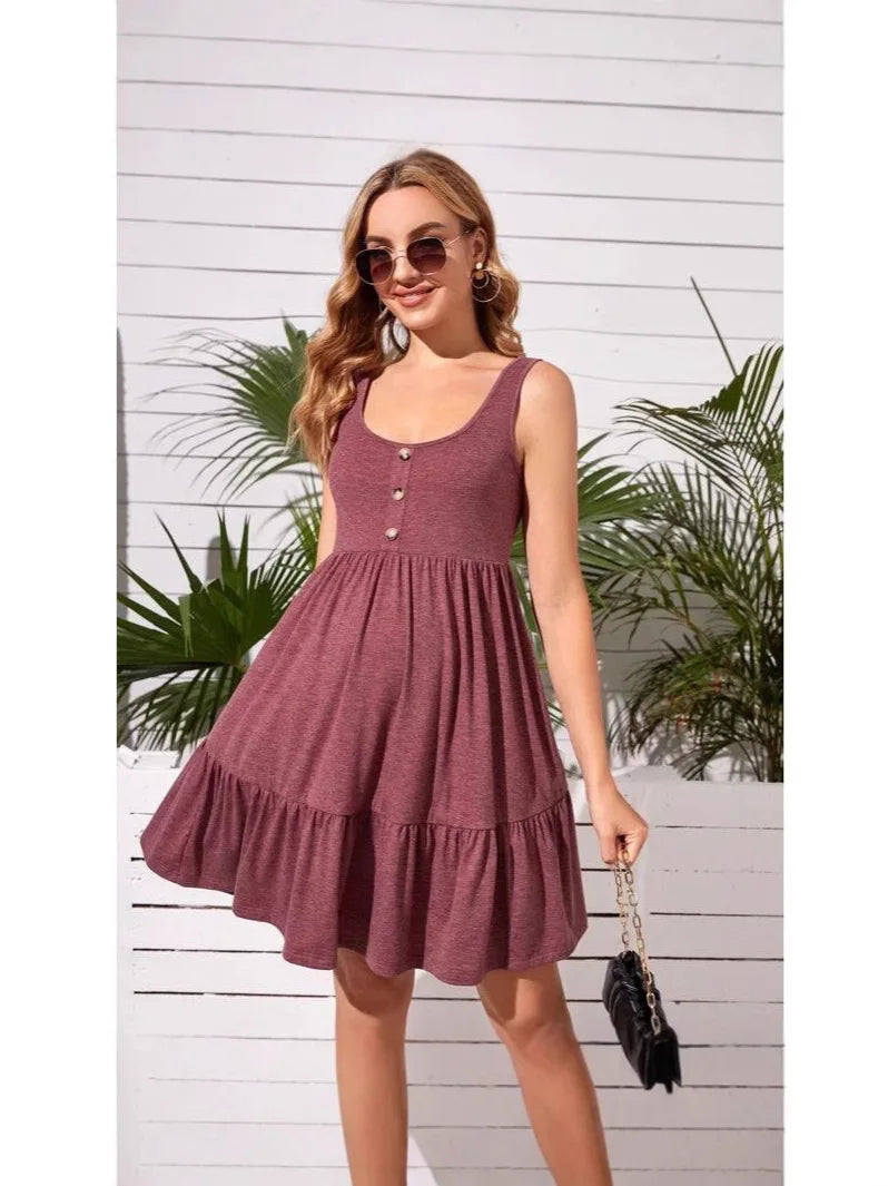 Women's Pregnancy summer dress Sleeveless casual loose buckle mid-length sundress
