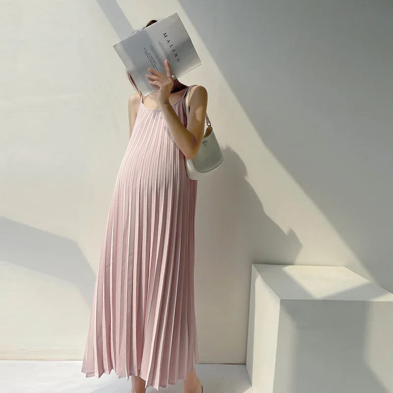 Women's Pleated Chiffon Mid-Calf Pregnancy Dress