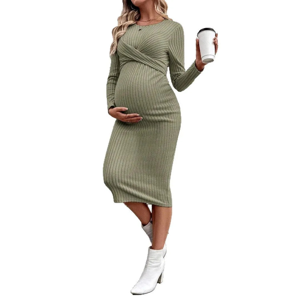 Maternity Long-sleeved for Pregnant Women Elegant Knotted Slimming Dress