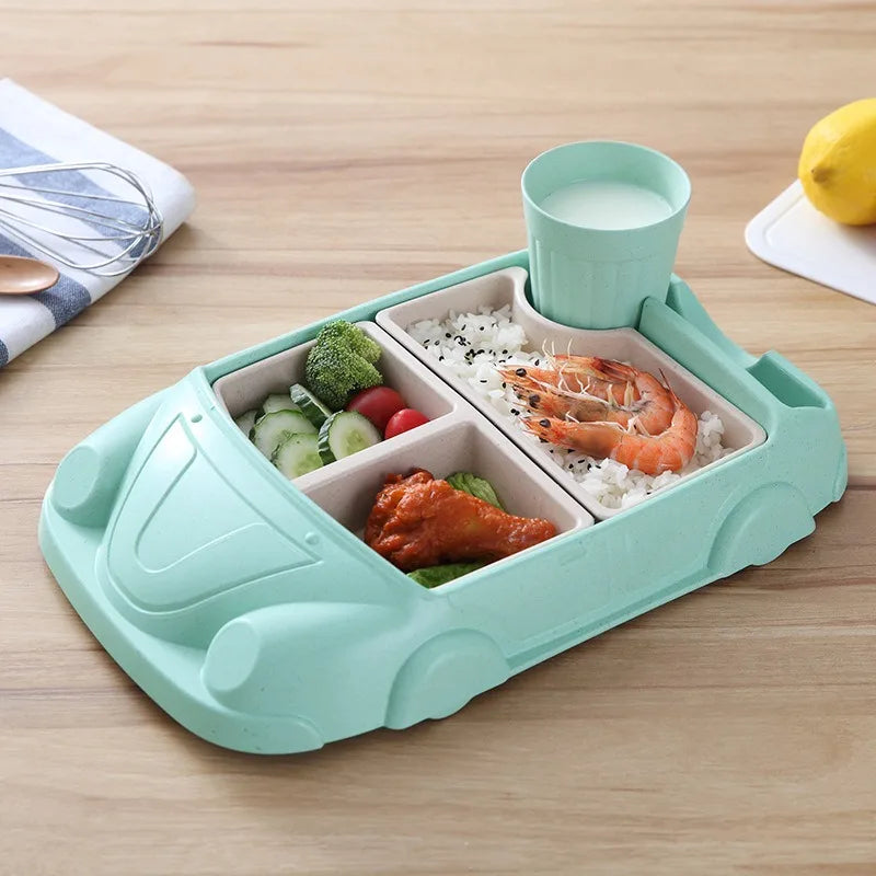 Creative Car Shaped Bamboo Fiber Baby Feeding Bowl Food Grade Cartoon Complementary Food Dish Divide Grids Bento Lunch Box Sets