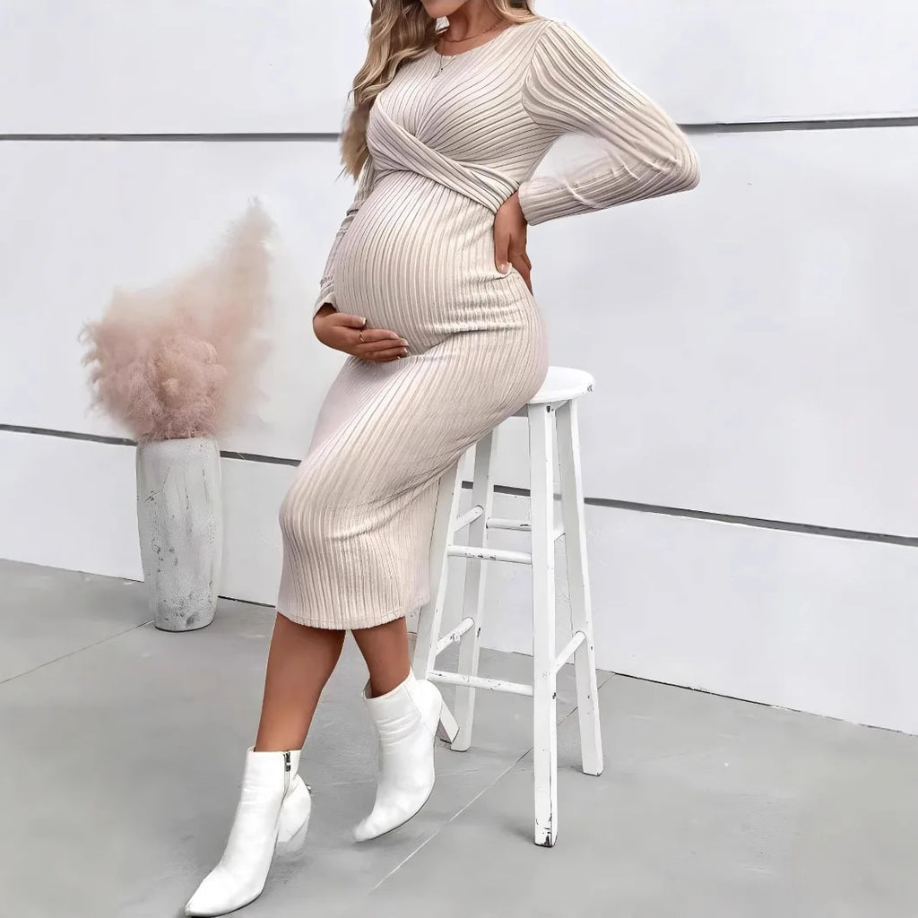 Maternity Long-sleeved for Pregnant Women Elegant Knotted Slimming Dress